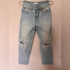 Zara Blue Straight Leg Jeans with Distressed Details